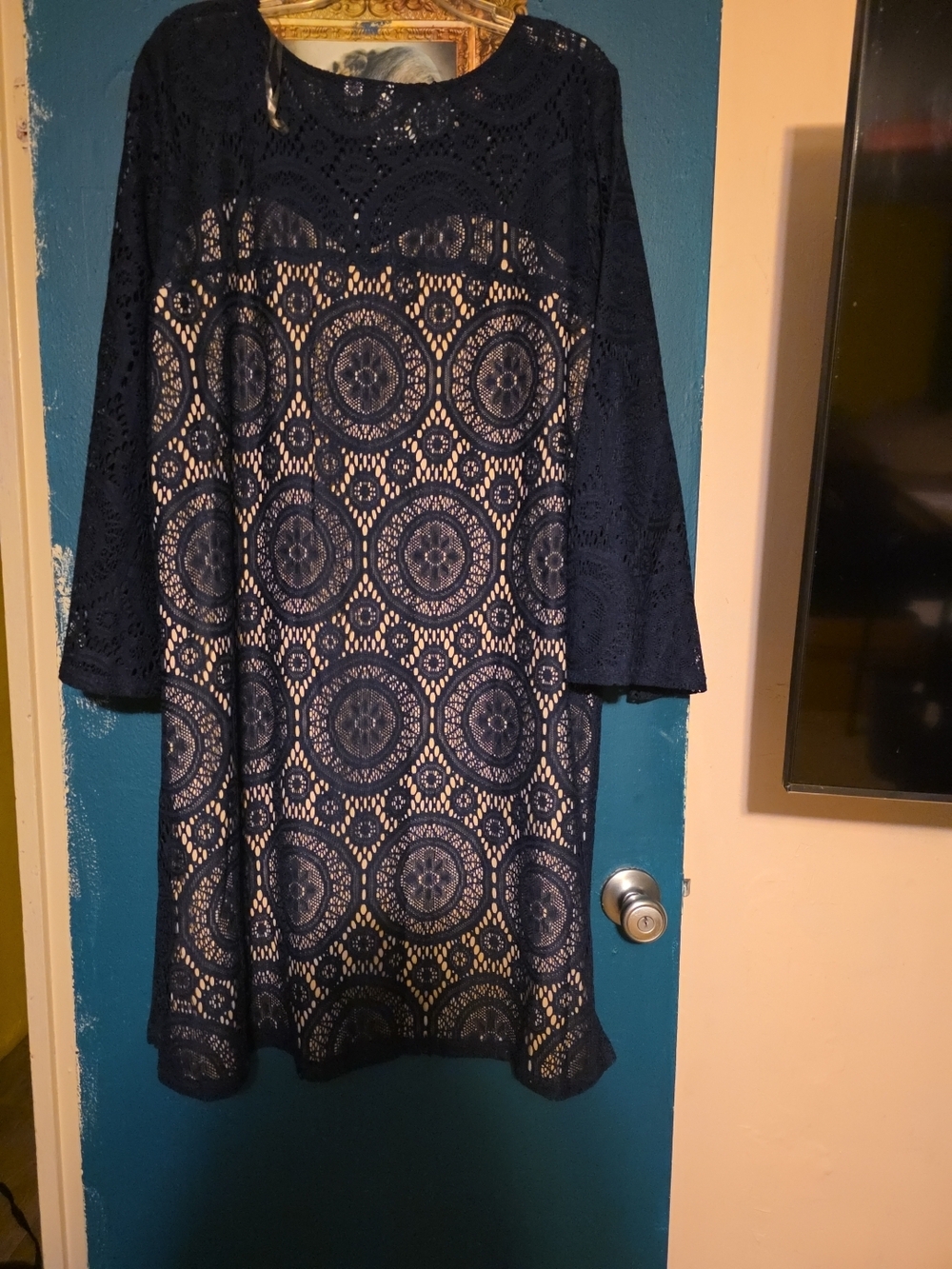 Navy Lace Overlay Shift Dress